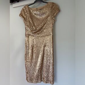 Adrianna Papell Gold Sequin Ruched Midi Dress
